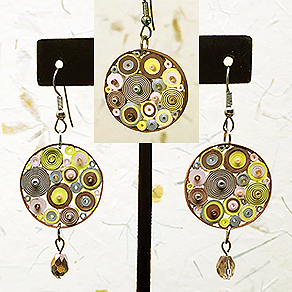 Quilled Paper Treasures - Round Earrings in brown, yellow, pink, and silver