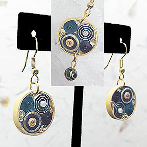 Quilled Paper Treasures - Round earrings in gold, purple, and green