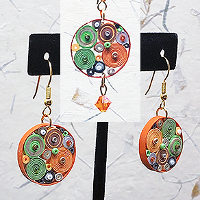 Quilled Paper Treasures - Round earrings in orange, brown, green, silver, and gold