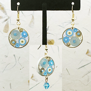 Quilled Paper Treasures - Round earrings in light turquoise, white, and gold