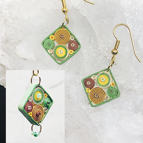 Quilled Paper Treasures - Diamond earrings in green, yellow, gold, and brown