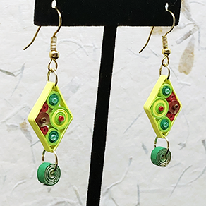 Quilled Paper Treasures - Diamond earrings in green, yellow, gold, and red