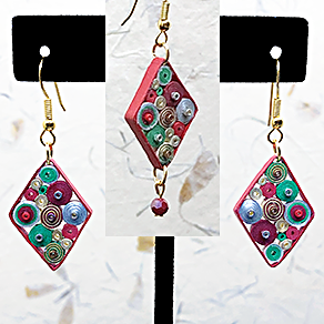 Quilled Paper Treasures - Diamond-shaped earrings in red, green, silver, and gold