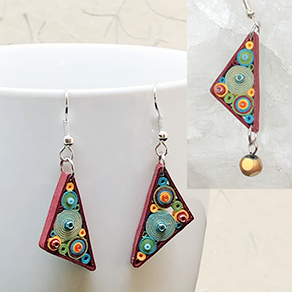 Quilled Paper Treasures - Triangle earrings in green, red, turquoise, and orange