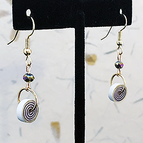 Quilled Paper Treasures - Bauble and bead earrings in purple, cream, and gold