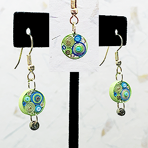 Quilled Paper Treasures - Round earrings in turquoise, lime green, and gold