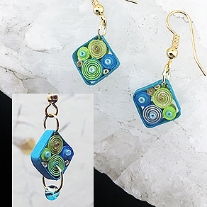 Quilled Paper Treasures - Diamond earrings in turquoise, lime green, gold