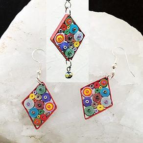 Quilled Paper Treasures - Diamond earrings in multiple colors with red border
