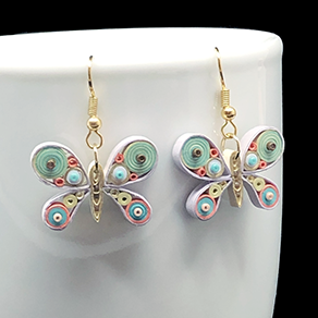 Quilled Paper Treasures - Butterfly earrings in turquoise, olive green, peach, cream, and gold