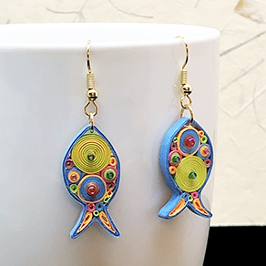 Quilled Paper Treasures - Fish earrings in orange, blue, orange, green, bright pink