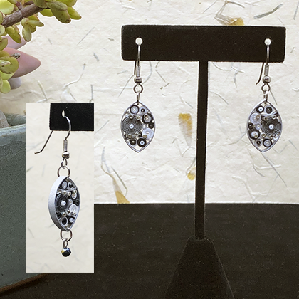 Quilled Paper Treasures - Small football earrings in black, white, and silver