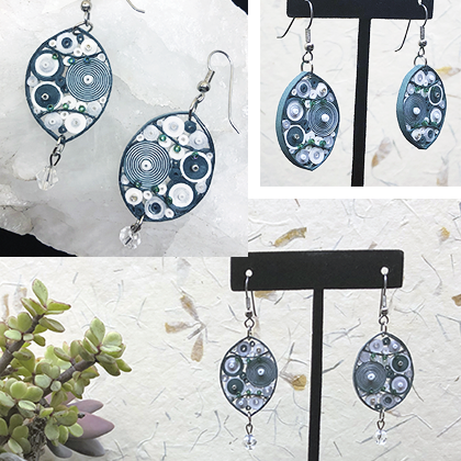 Quilled Paper Treasures - Large football earrings in green, white, and silver