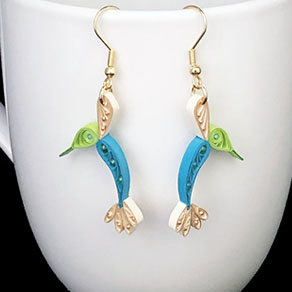 Quilled Paper Treasures - Dragonfly Earrings in Bright Green, Teal, Cream, and Gold