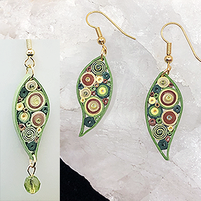 Quilled Paper Treasures - Leaf earrings in green, gold, and brown
