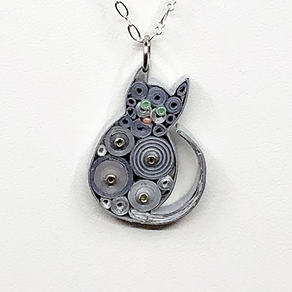 Quilled Paper Treasures - Cat necklace in gray and silver