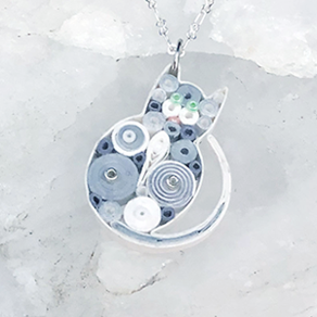 Quilled Paper Treasures - Cat necklace in gray, white, and silver