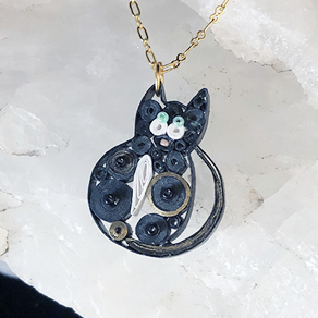 Quilled Paper Treasures - Cat necklace in black, white, and gold