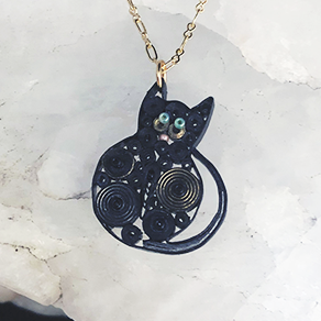 Quilled Paper Treasures - Cat necklace in black, silver, and gold