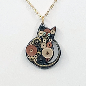 Quilled Paper Treasures - Cat necklace in dark orange, brown, cream, beige, and gold