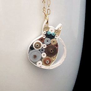 Quilled Paper Treasures - Cat necklace in white, dark orange, gray, brown, and gold